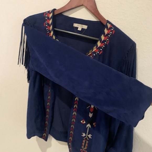 Bojo Western Style Aztec Embroidered Fringe Jacket-Suede Look Navy Blue- Size M - Picture 7 of 16